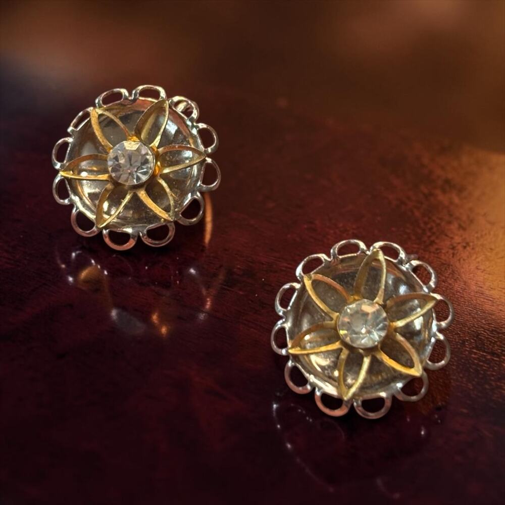 Vintage Rhinestone Starburst Screwback Earrings Atomic Glam Mid Century